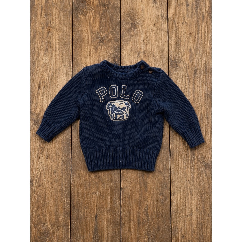 Ralph Lauren Baby Boy Navy Blue Bulldog Knit Sweater 9M 100% Cotton Preppy Fall
